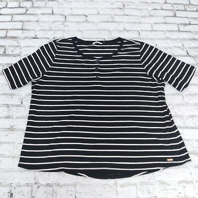 #ad Calvin Klein Top Womens 1X Black White Striped Short Sleeve Knit Henley $17.95
