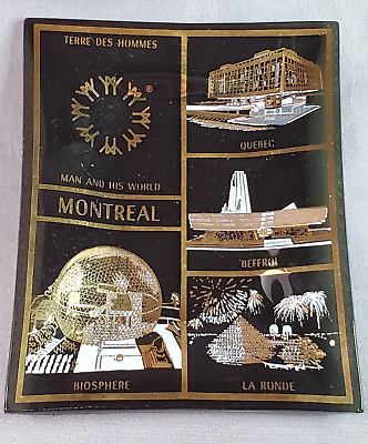 #ad Montreal Glass Trinket Dish Tray Souvenir Black Gold Quebec Canada Biosphere Vtg $8.95