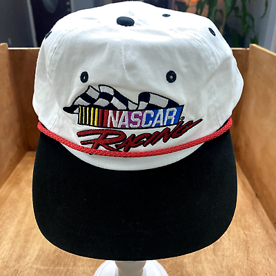 #ad Nascar Racing Cap Hat Red Rope StrapBack Logo Flag White Black Retro Trucker $19.98
