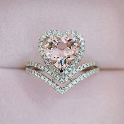 #ad Heart Morganite Natural Diamond Wedding Women Ring Birthday Gift 14K White Gold $700.00