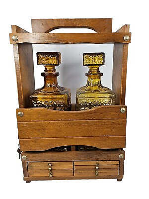 #ad Vintage 2 Bottle Locking Liquor Amber Glass Decanter Set Coasters Crown Lock $140.00