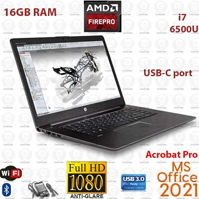 HP Zbook 15#x27;#x27; Laptop Core i7 6500U FHD USB C 16GB 1TB SSD AMD GPU Office21 Adobe $295.99