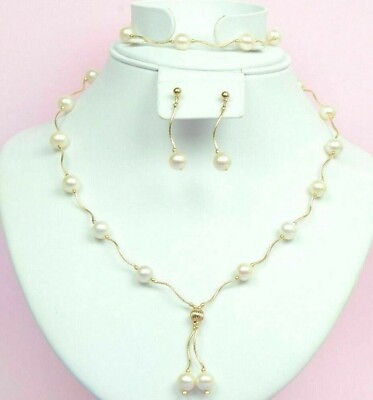 #ad 14k Yellow Gold Natural White Pearls 3 piece Set:Necklace Bracelet Earrings $399.99