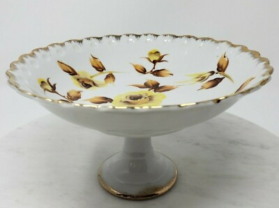 #ad Compote Pedestal Bowl Hand Painted Yellow Rose Gold Trim Trimont Ware Vtg Japan $16.99