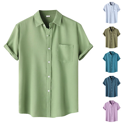 #ad Summer Mens Cotton Blend Shirts Short Sleeve Casual Loose Tops Buttons T shirt $23.63