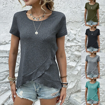 #ad Women#x27;s Short Sleeve Ruffles Shirt Tops Summer Casual Blouse Party T Shirt US $15.67