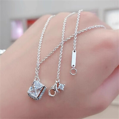 #ad New 925 Sterling Silver Rectangular Sparkling Halo Collier Necklace 45cm17.7quot; $28.28