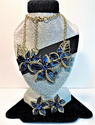 #ad BETSEY JOHNSON SET GOLD BLUE CHOKER amp; EARRINGS FLOWERS NECK GOLD CHAIN amp; TAG $42.99