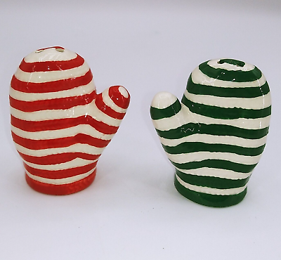 #ad Vintage Christmas Red Green Striped 2 1 4quot; Gloves Mittens Salt amp; Pepper Shakers $19.99
