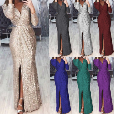 #ad Ladies Evening Party Cocktail Ball Gown Womens V Neck Sequins Long Maxi Dress $33.99