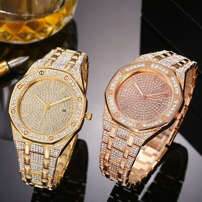 #ad Mens Hip Hop Iced Diamond Gold Plated Luxury Bling Quartz Watch Simulated Date $12.98