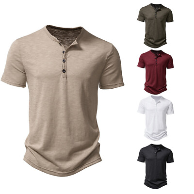 #ad Men#x27;s Cotton T shirt Button Front Short Sleeve Solid Color Casual Summer Tops $26.29
