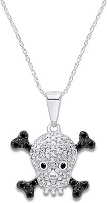 #ad Skull Crossbones Pendant White amp; Black Real Diamond Accent Sterling 18quot; Necklace $78.19