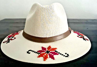 #ad Cross Stitch Women#x27;s Fedora multi color Embroidered By Hand Beige NEW $84.95