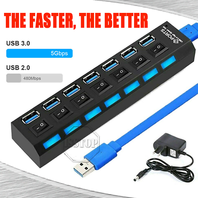 #ad US 7 Port USB 3.0 HUB LED Powered High Speed Splitter Extender W Power Adapter $12.50
