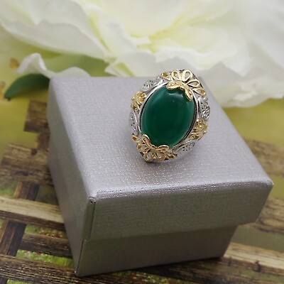 #ad HSN Gold Silver Tone Brass Green Onyx Size 5 Ring Orig Box and Tags $19.95