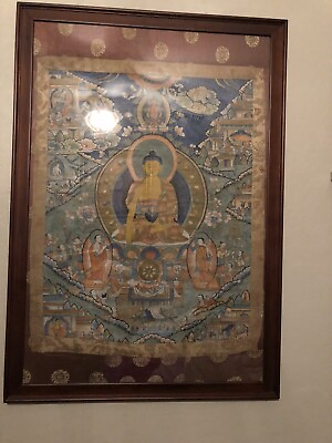 #ad 18th Century Tibetan Thangka Buddhist Wheel of Life Silk Mounted Framed $1785.68