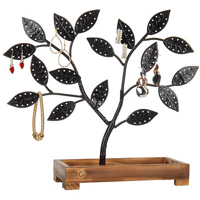 #ad MyGift Black Metal Jewelry Tree Earring Necklace Hanger with Wooden Tray Holder $31.99