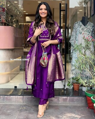 #ad Purple Embroidery Work Straight Kurta Pant Dupatta Women Designers Salwar Kameez $33.25