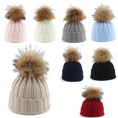 #ad 2024 Women Kid Set Winter Racoon Fur Pompom Ball Knit Beanie Hot Cap Bobble Hat $10.49