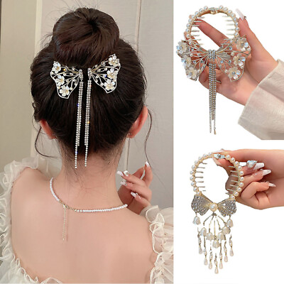 #ad Party Bow Rhinestone Tassel Hair Clip Crystal Pearl Ponytail Buckle Hairpin $2.84