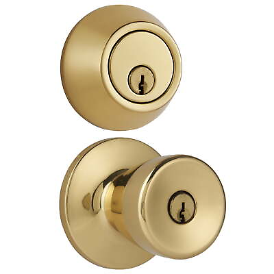 #ad Keyed Entry Polished Brass Tulip Doorknob and Deadbolt Combo Pack $18.74