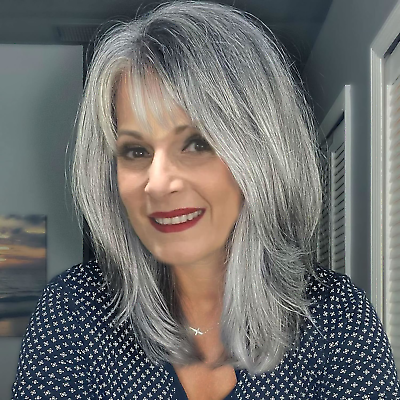 #ad Matthia Silver Grey Wigs for White Women Layered Gray Wavy Wig Highlight Hair $22.94
