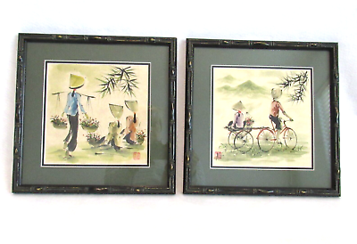 #ad VTG Original Watercolor Bamboo Frame Signed Asian Traditional Scenes $150.00