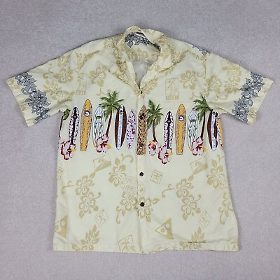 #ad VINTAGE Winnie Fashion Shirt Mens Large Yellow North Shore Surf Board Hawaiian $13.60