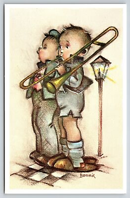 #ad Artist Signed Bonnie 2 Boys @ Lampost Playing Trombone Mainzer Vintage Postcard $4.20