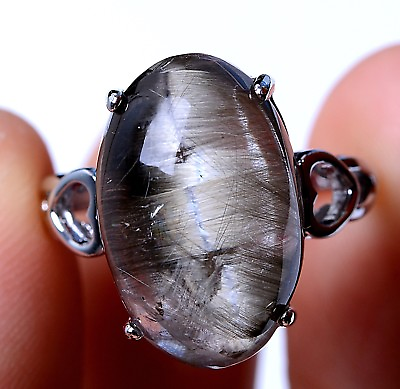 #ad 24.55ct Natural Silver Rutilated Quartz Titanium Crystal Adjustable Silver Ring $288.99