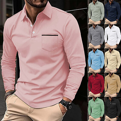 #ad Men#x27;s Casual Long Sleeve Stand Collar Polo Shirt Slim Fit Business with Pockets $22.95