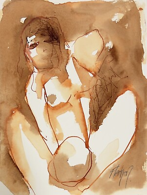 #ad ABSTRACT DRAWING Ink Expressionist Watercolor Two Nude Figures In Sepia Ink $185.00