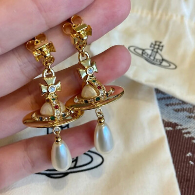 #ad Vivienne Westwood Nana Golden Tone Orb Saturn Pearl Ear Drop Earrings with Box $32.99