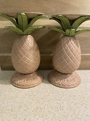 #ad Vintage Metal Pineapple Candle Holders Faded Pink Set Of 2 Heavy 7” Tall EUC $24.00