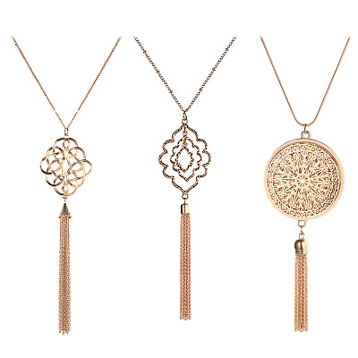 #ad 3PCS Long Pendant Necklaces for Woman Knot Disk Circle Tassel Y Necklaces Set $11.99