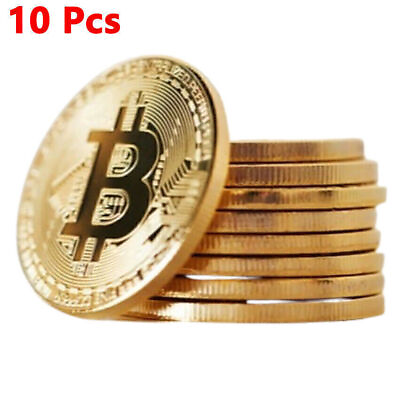 #ad 10 Pcs Metal Bitcoin Coin Souvenir Coin Art Collection BTC Plated Gold Gift $8.98