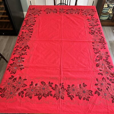#ad 1960s Vintage Red Christmas Tablecloth 63quot;x50quot; Gold Poinsettia Silver Candles $14.99