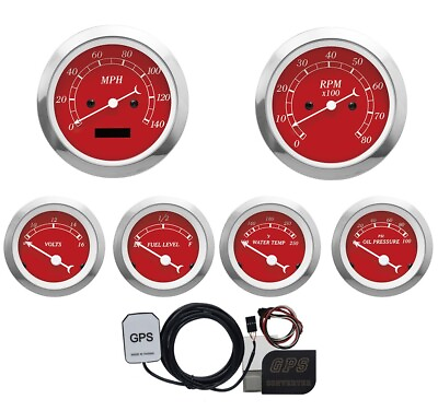 #ad MOTOR METER RACING Classic Red 6 Gauge Set GPS Speedometer MPH °F PSI 85mm 52mm $252.44