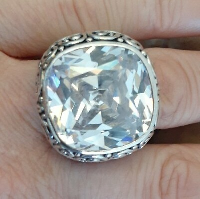 #ad HSN Designer Huge Faceted Rock Crystal Sterling Silver Overlay Ring Size 7 $52.80