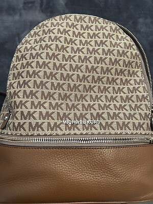 #ad Michael Kors Rhea Zip Medium Ebony Jacquard Backpack Beige Brown $85.00