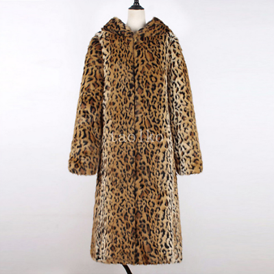 #ad Long Trench Coat Faux Fur Parka Hooded Winter Overcoat Leopard Printed Womens sz $112.79
