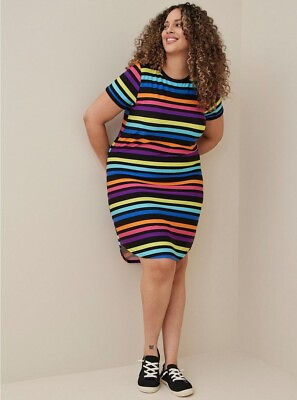 #ad Torrid Mini Super Soft Tee Shirt Dress Striped Rainbow Black NWT New 1X $49.50