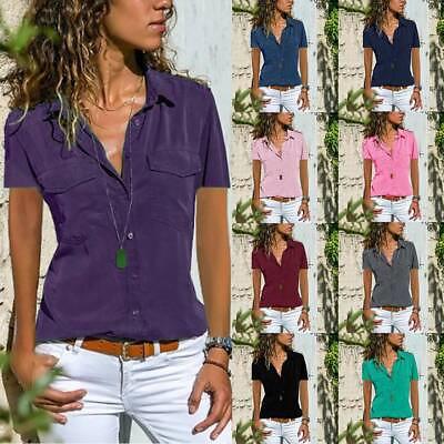#ad Womens Short Sleeve T Shirt Tops Ladies Work OL Button Collar Blouse Tee US Size $14.69