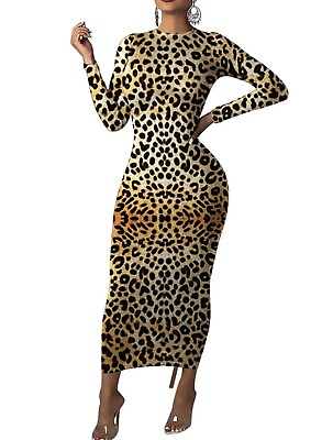 #ad Womens Leopard Print Sexy 3 4 Sleeve Bodycon Party Cocktail Dress $19.99