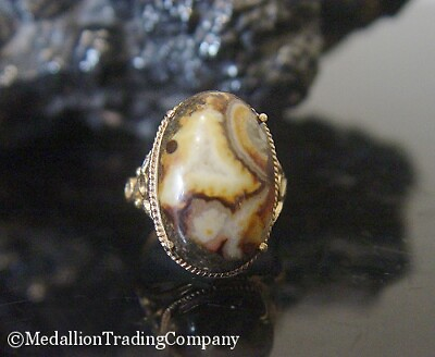 #ad Unique 18k Yellow Gold Crazy Lace Agate Brown Banded Oval Cabochon Ring $395.95