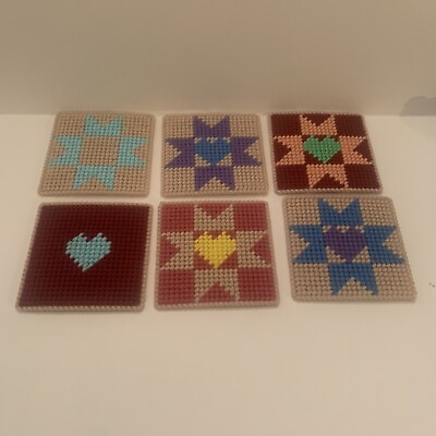 #ad Vintage Handmade Needlepoint Plastic Canvas Coasters 3.75quot; Set of 6 Multicolor $5.60