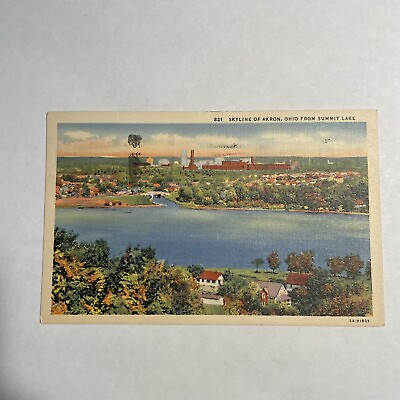 #ad Skyline Of Akron Ohio From Summit Lake Ohio Unposted Linen Postcard White Botder $3.99