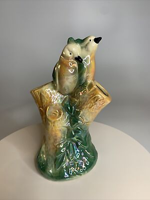 #ad Vintage Luster Double BIRDS Two Branches Iridescent Ceramic VASE Gold Green $18.99