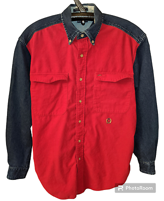 #ad Vintage TOMMY HILFIGER Shirt Denim Sleeves Corduroy Body Mens Sz MEDIUM Red Blue $25.00